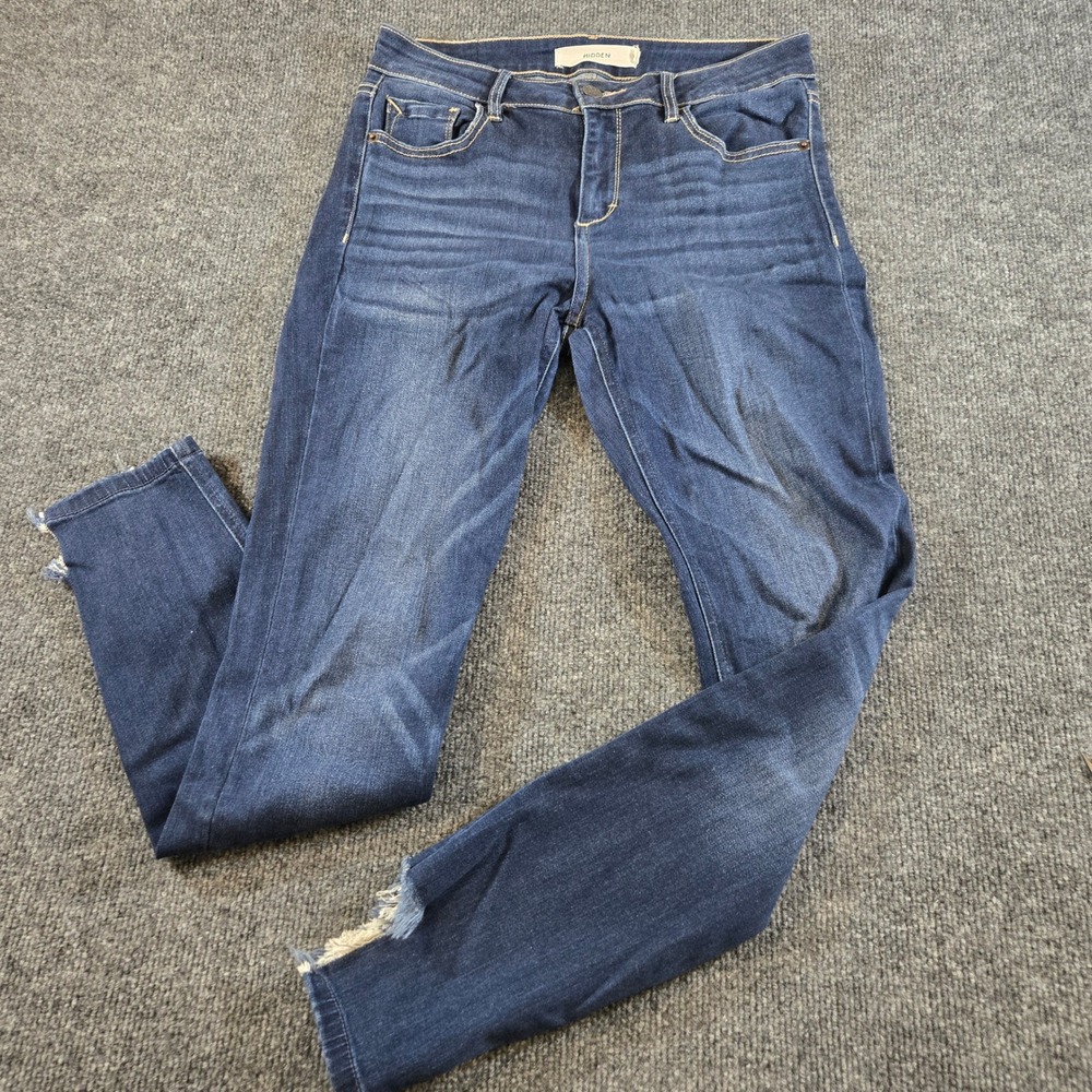 Hidden Jeans Dark Wash Skinny Step Hem Frayed Denim Size 28 Whiskered Clean Girl